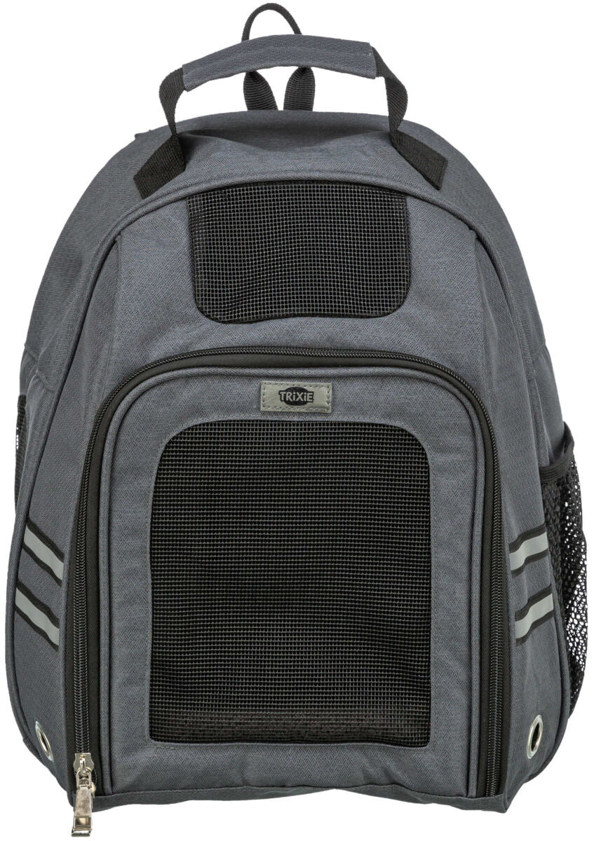 Grauer Rucksack mit Netzfenster und Griff, seitlich reflektierende Streifen, vorne Schriftzug "Trixie".