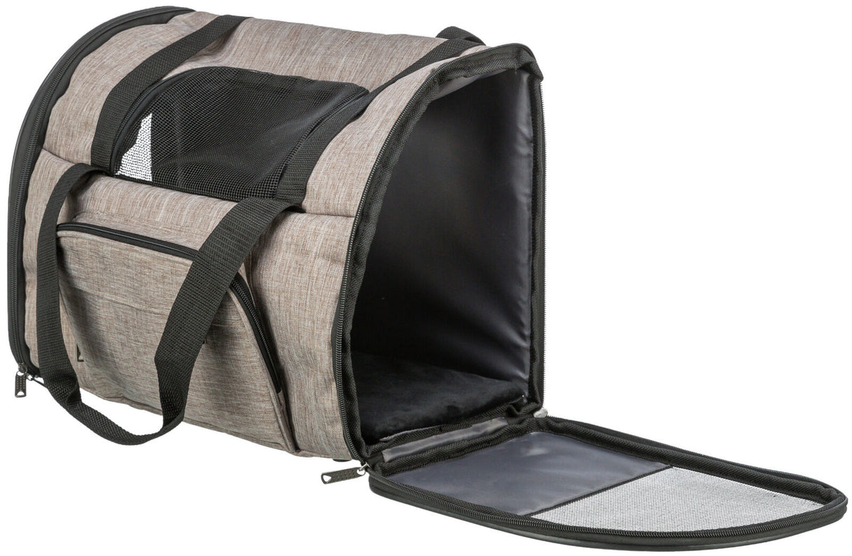 Tragetasche mit Tragegriffen, geöffnetes Frontfach und Netzbelüftung oben, beige mit schwarzen Details.