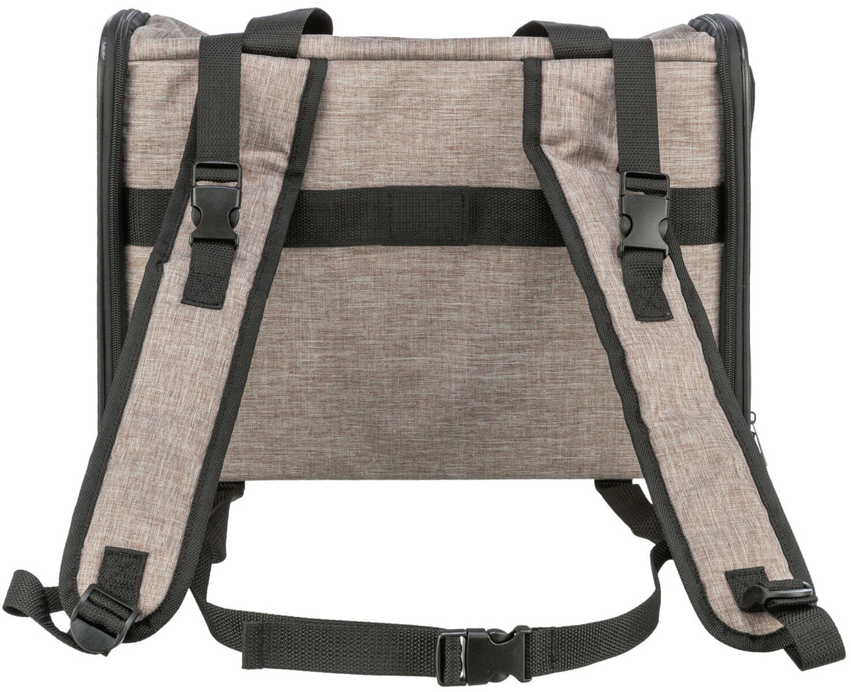 Grauer Rucksack mit schwarzen, verstellbaren Schultergurten und einem Clipverschluss, aus meliertem Stoff.