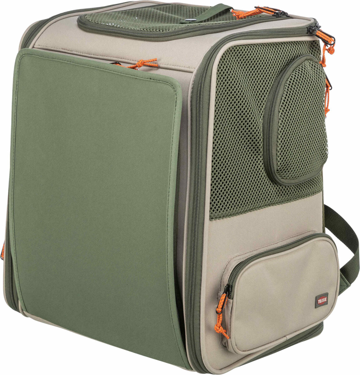 Beige und grüne Transporttasche mit Netzfenstern und Taschen, orange Reißverschlüsse.