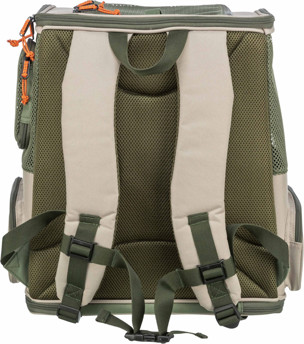 Grüner und beige Rucksack aus Mesh- und Stoffmaterial mit gepolsterten Schultergurten und Reißverschlüssen.