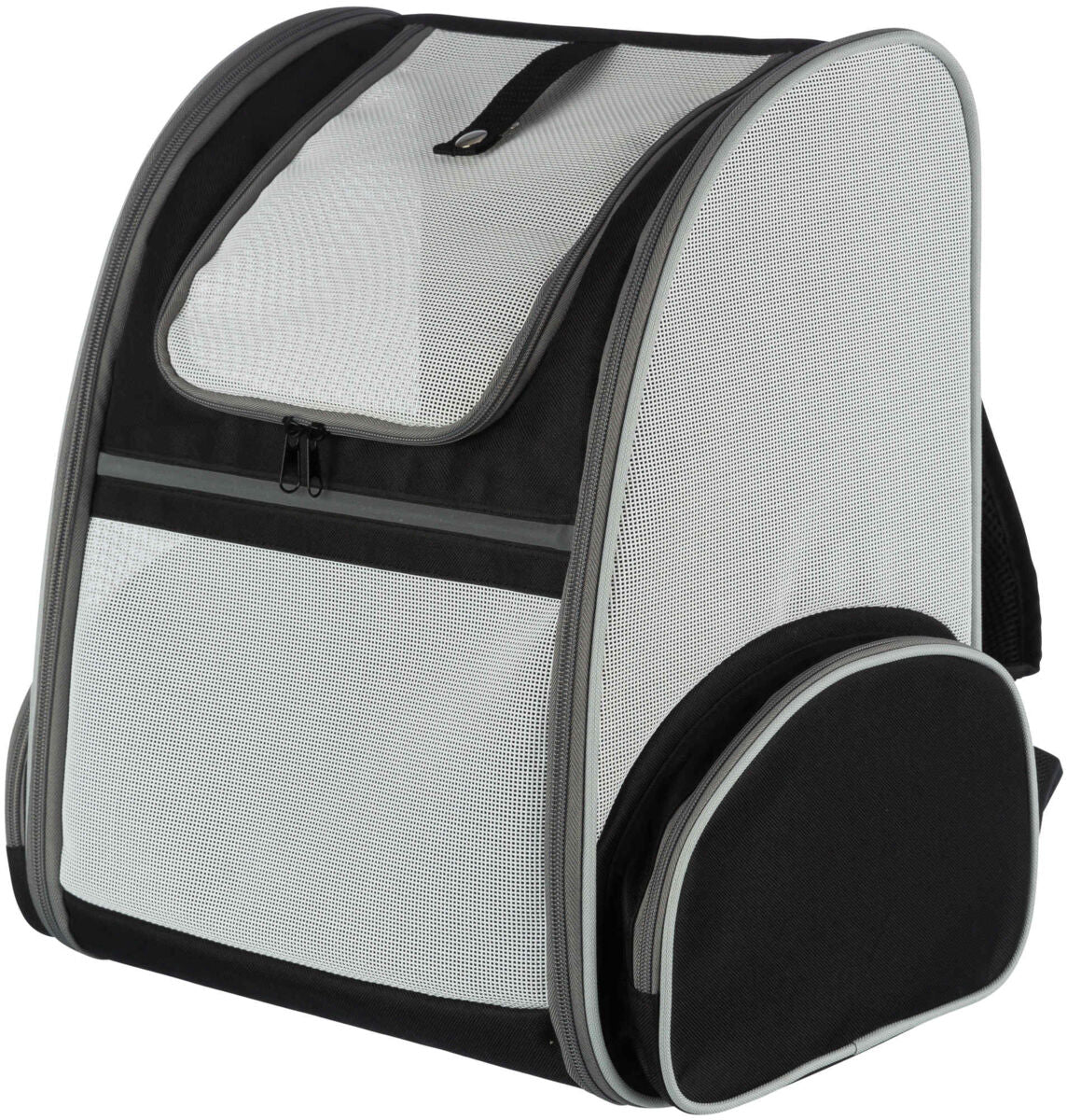 Transporttasche mit schwarzem und weißem Netzdesign, Reißverschluss vorne, seitliche Tasche angebracht.