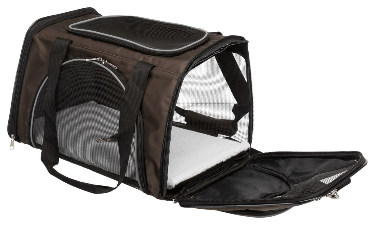Braune Transporttasche mit schwarzem Netzgewebe an den Seiten und oben, Reißverschluss an der Vorderseite geöffnet.