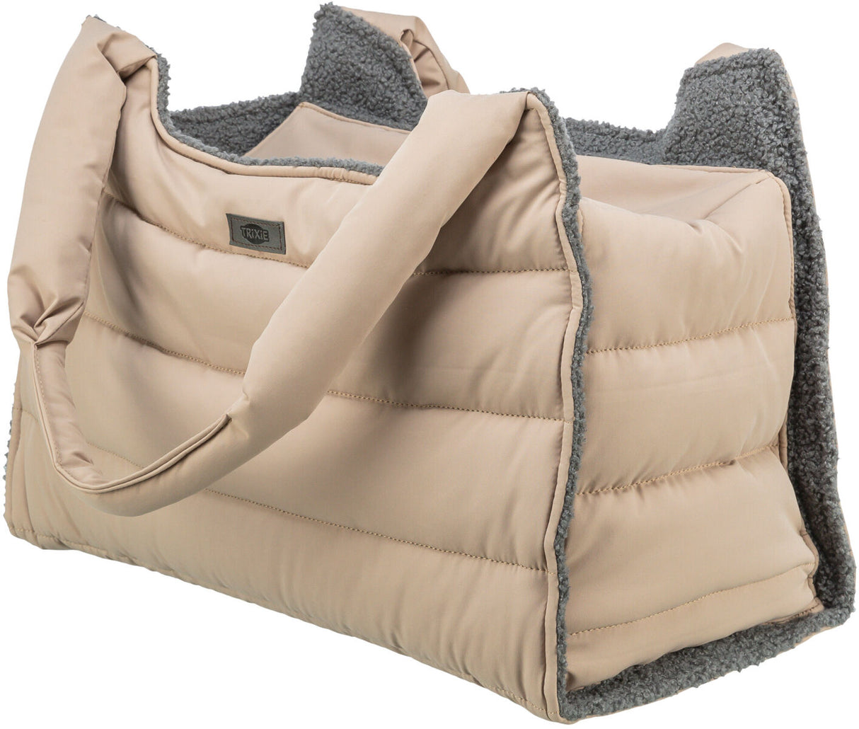 Beige Tragetasche mit gepolsterten Seiten und grauem Futterstoff, zwei breite Tragegriffe oben.