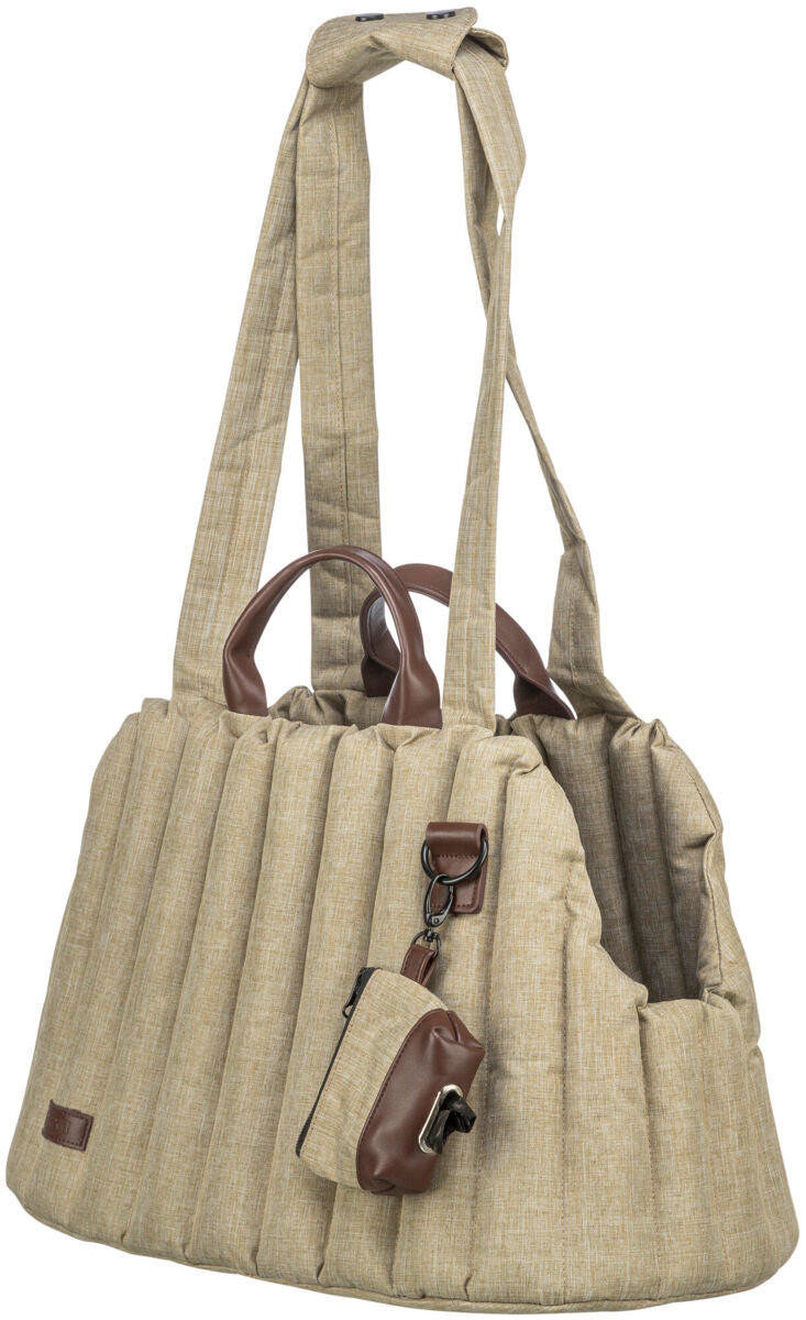 Beigefarbene Stofftasche mit braunen Griffen und einer kleinen, angebrachten Tasche, aus gestepptem Material.