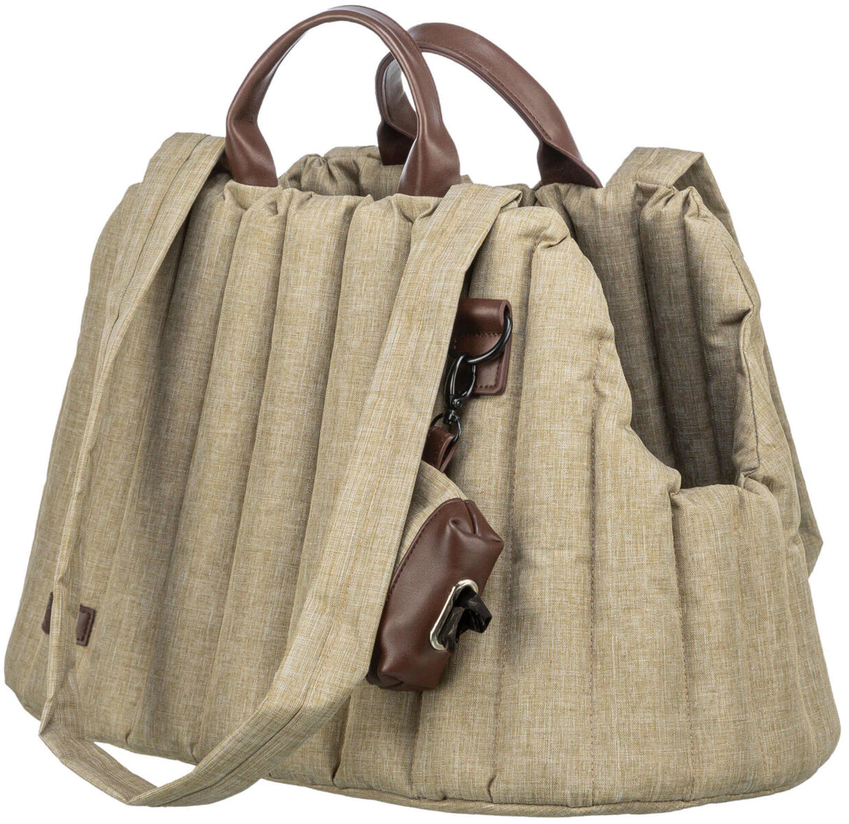 Beige, gepolsterte Tragetasche mit braunen Griffen und Zubehörfach an der Seite, steht aufrecht.