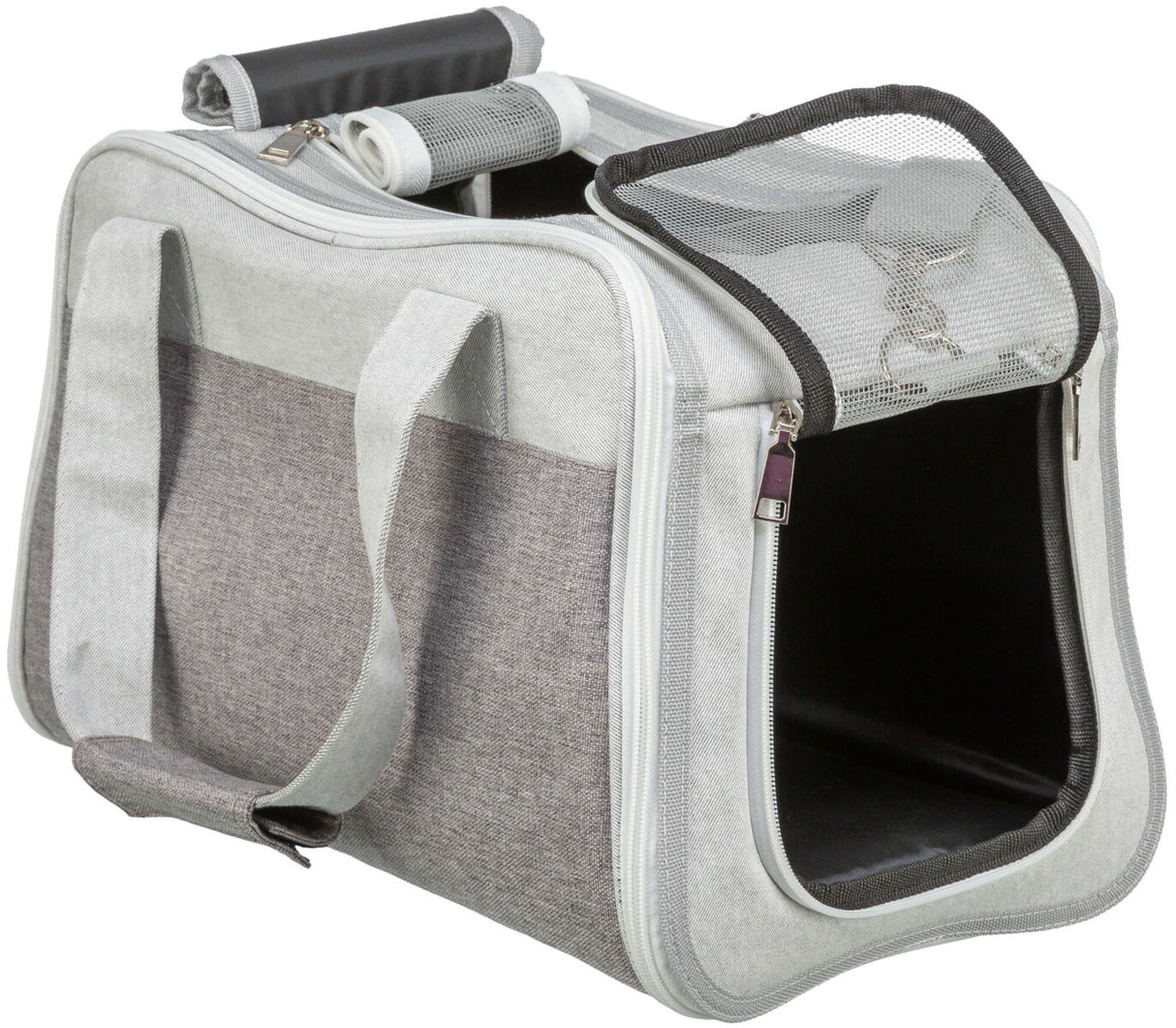 Grau-weiße Tragetasche mit Reißverschluss und Netzfenster, zwei stabilen Griffen, rechteckige Form.