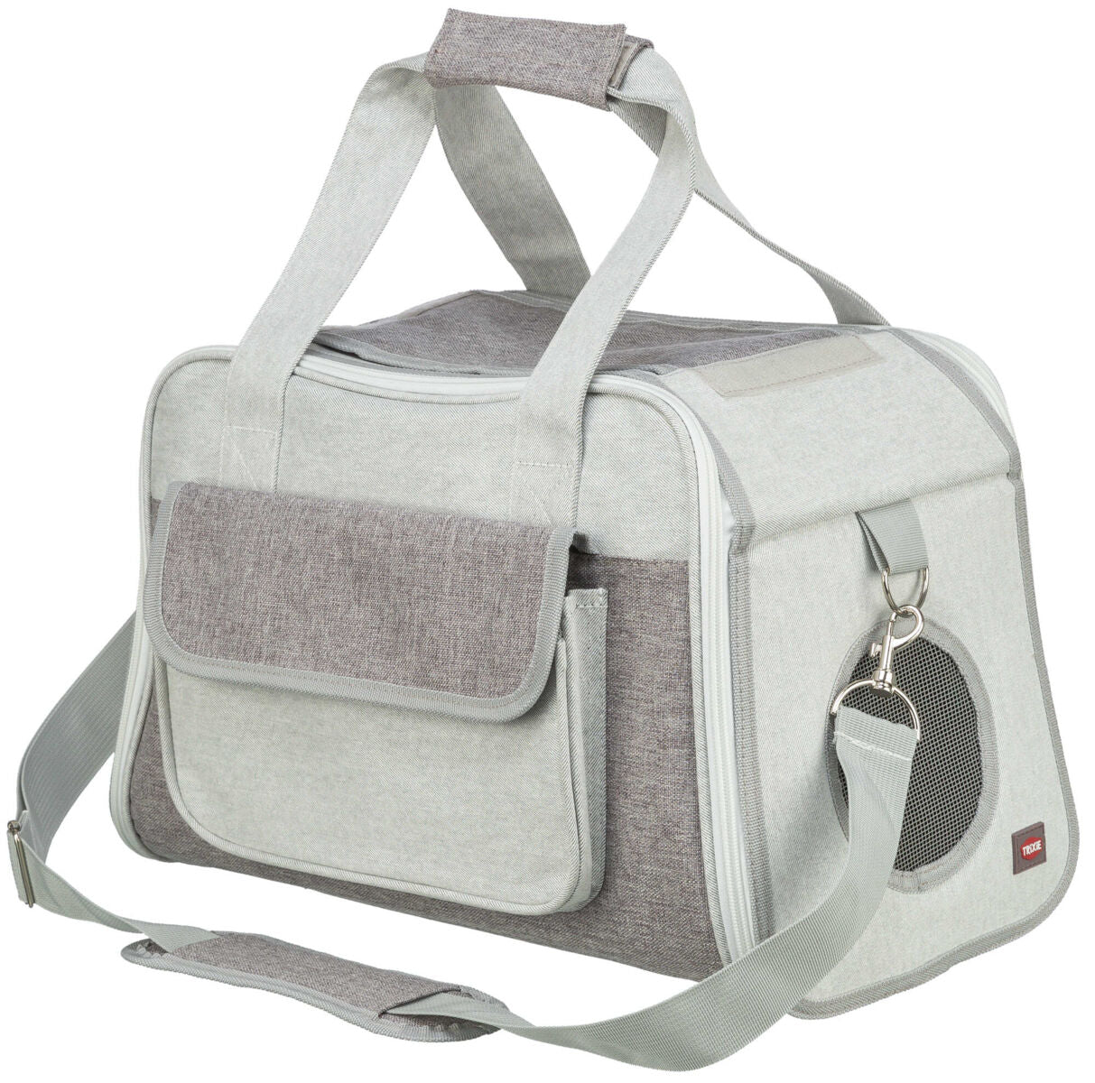 Grau-beige Tasche mit Seitentasche, Reißverschluss, Tragegriffen und verstellbarem Schulterriemen.