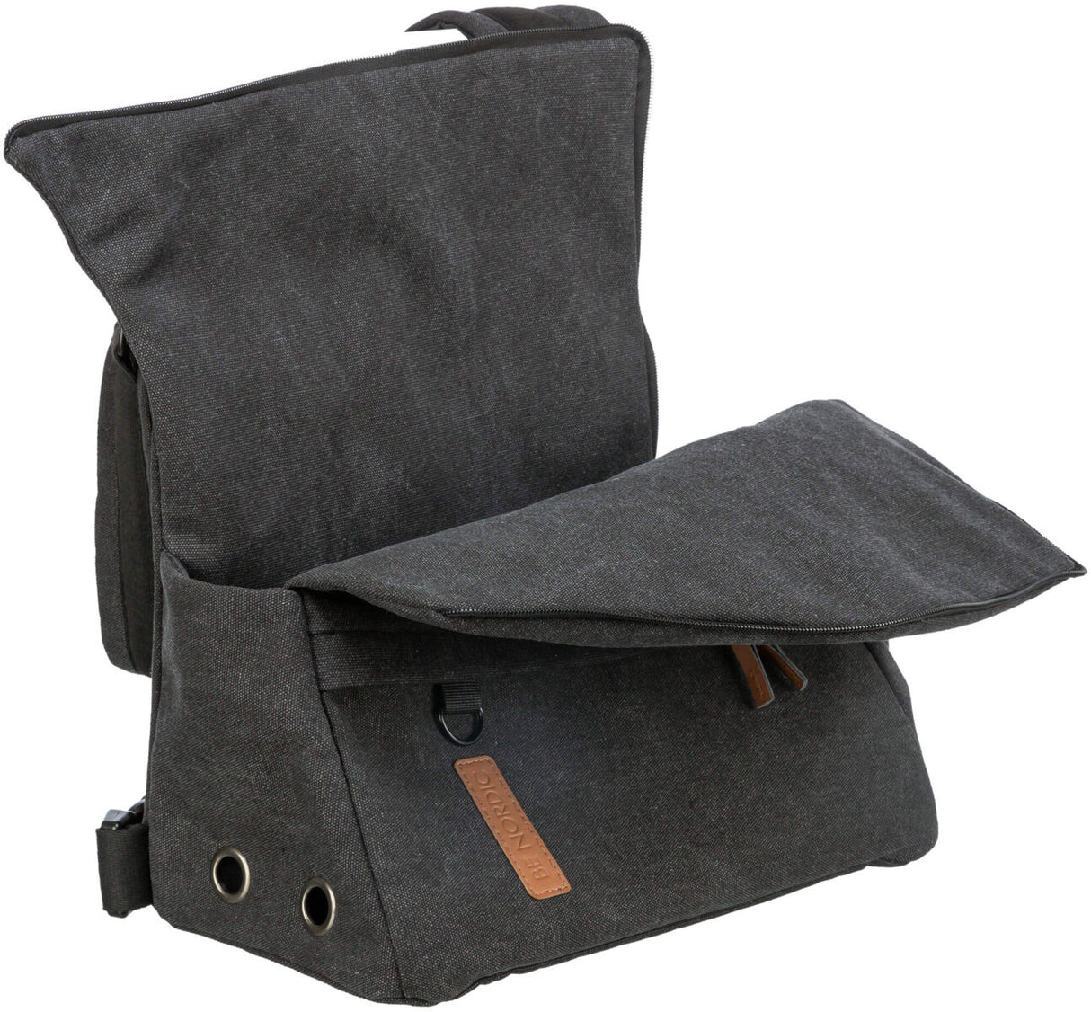 Dunkelgrauer Rucksack mit offenen, beigen Reißverschlüssen und verstärkten Rändern, rechteckige Form.