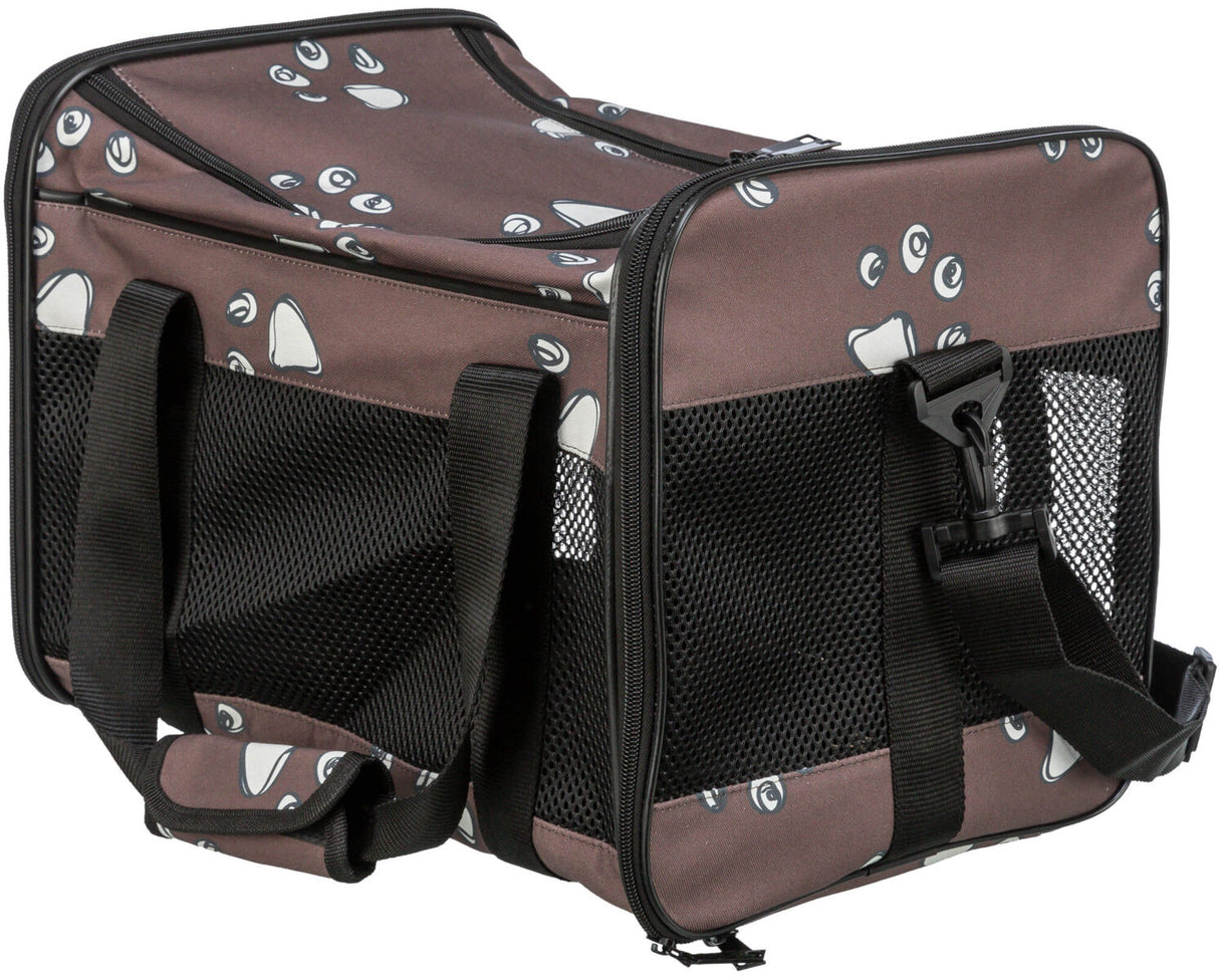 Braune Tragetasche mit schwarzem Mesh und weißen Mustern, zwei Tragegriffen und verstellbarem Schulterriemen.