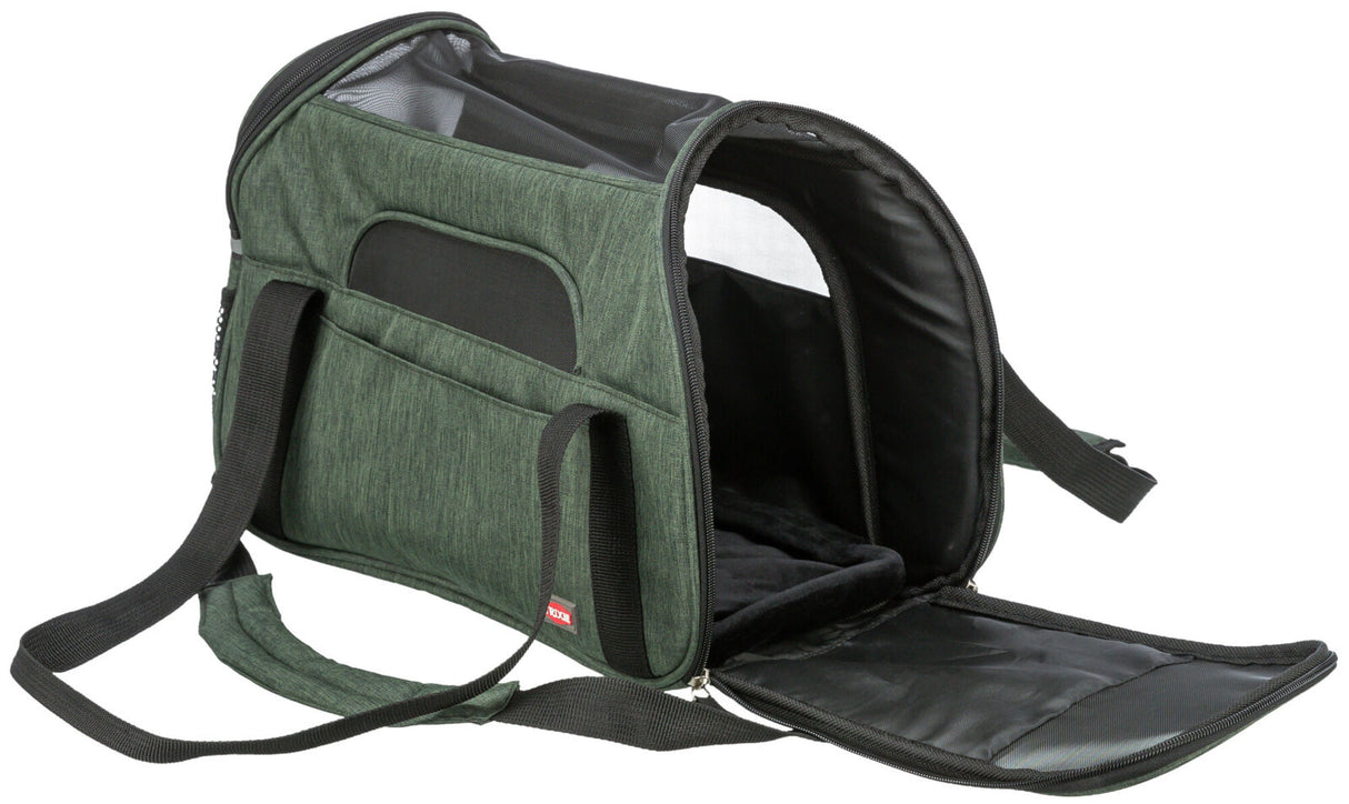 Grüne Transporttasche mit schwarzem Gitteroberteil, Reißverschluss und Schulterriemen, Vorderseite geöffnet.