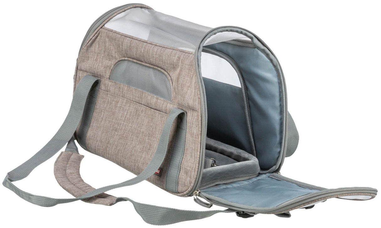 Transporttasche aus beigem Stoff mit grauen Riemen und Reißverschluss, teilweise geöffnet, zeigt graues Innenfutter.
