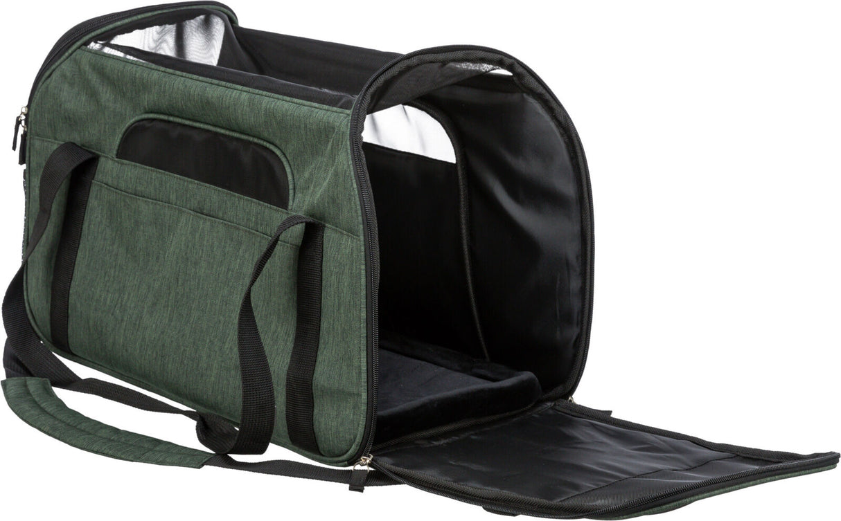 Grüne Transporttasche mit Tragegriffen und Reißverschlüssen, geöffnet, mit schwarzem Innenfutter.