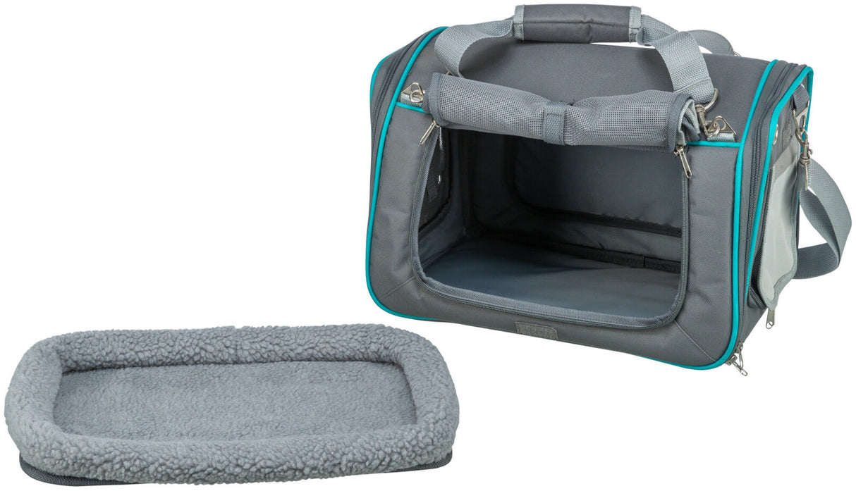 Graue Transporttasche mit türkisfarbenem Rand und abnehmbarer, gepolsterter Matte, zwei Reißverschlüsse sichtbar.