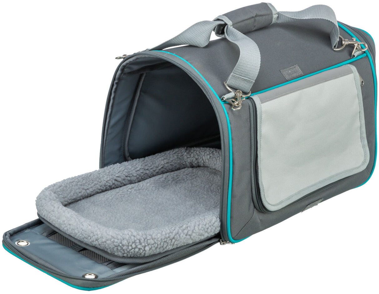 Graue Transporttasche mit blauen Akzenten und abnehmbarer, weicher Innenmatte, Reißverschluss und Tragegriff.