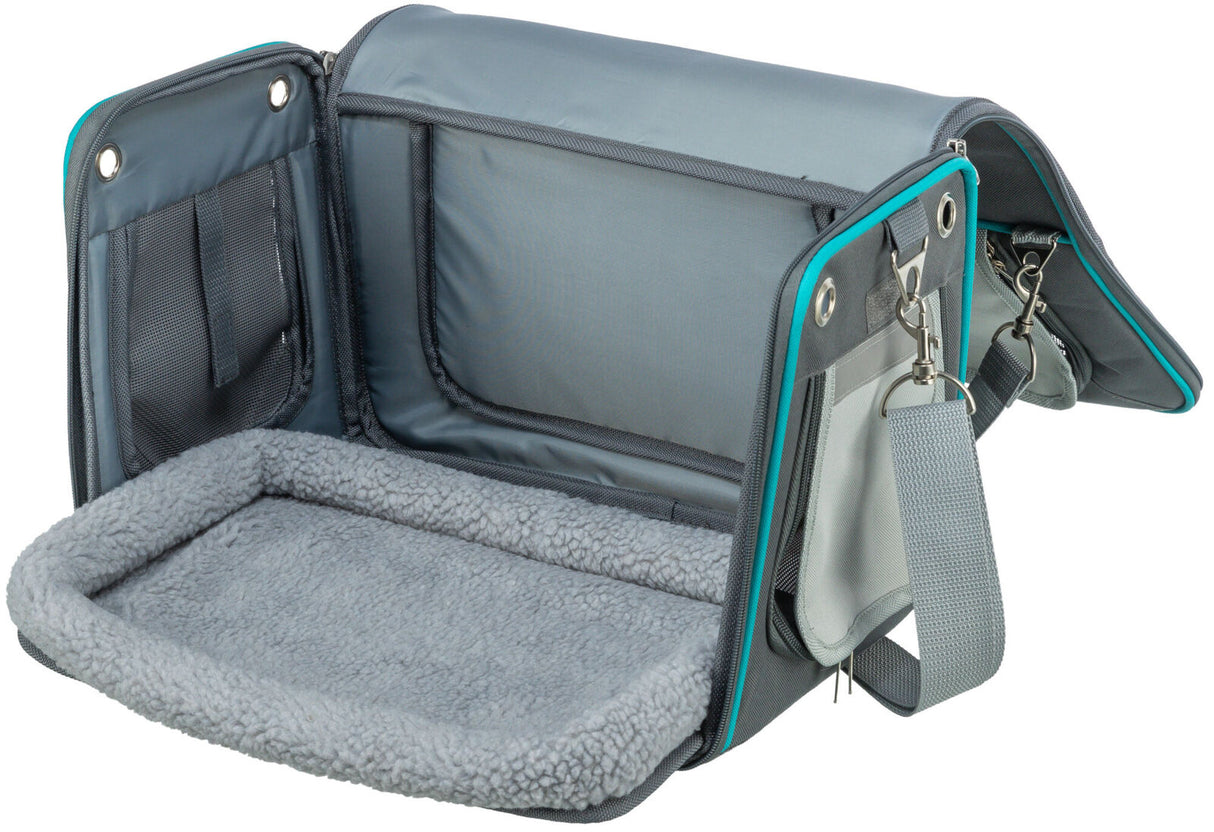 Graue Transporttasche mit weichem, gepolstertem Innenraum, erkennbar sind Reißverschlüsse und ein Schulterriemen.