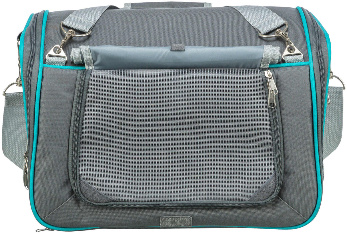 Graue Transporttasche mit türkisfarbenen Akzenten, Tragegurt und Reißverschlüssen, Vorderseite mit Netzfenster.