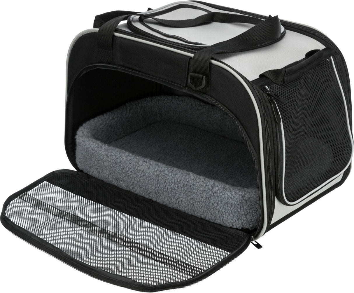 Schwarze und weiße Tragetasche mit Gitteröffnungen und grauer Polsterung, Reißverschluss und Tragegriff.