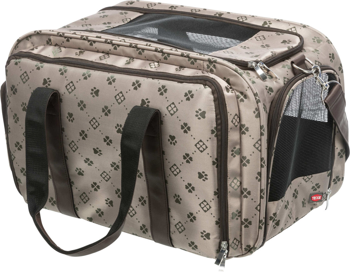 Beige Transporttasche mit schwarzen Griffen, Pfoten- und Quadratmuster sowie Netzfenstern und Reißverschlüssen.