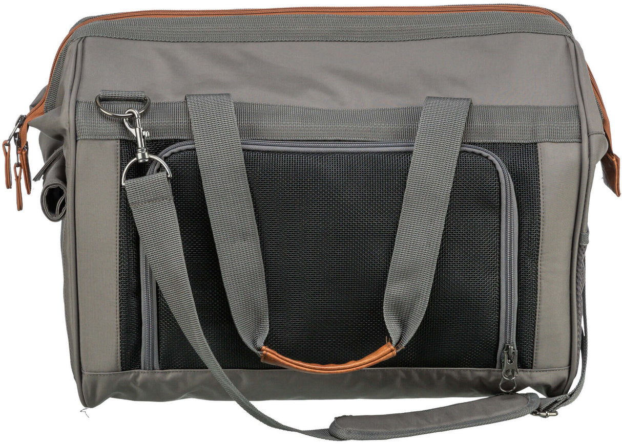Graue Tragetasche mit schwarzen Netzseiten, grauen Trägern und Reißverschlüssen, sowie braunen Akzenten.