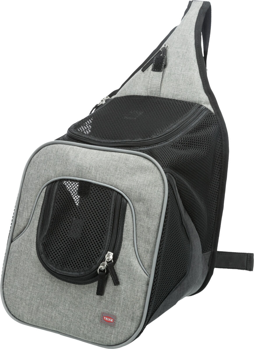 Grauer Transport-Rucksack mit schwarzem Netzstoff, Reißverschlüssen und einer gepolsterten Schulterriemen.