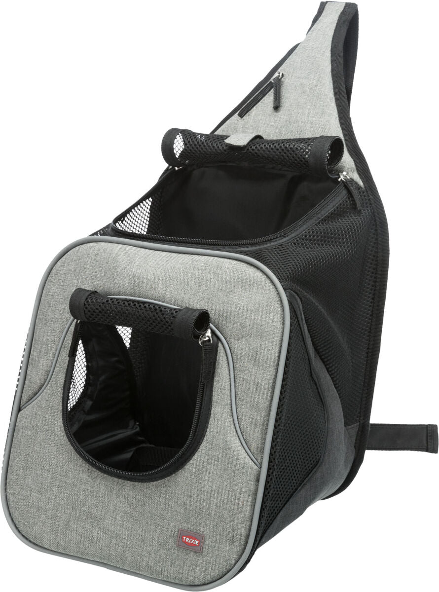 Grauer Rucksack mit schwarzen Netzfächern und Reißverschluss, geeignet als Transportlösung.