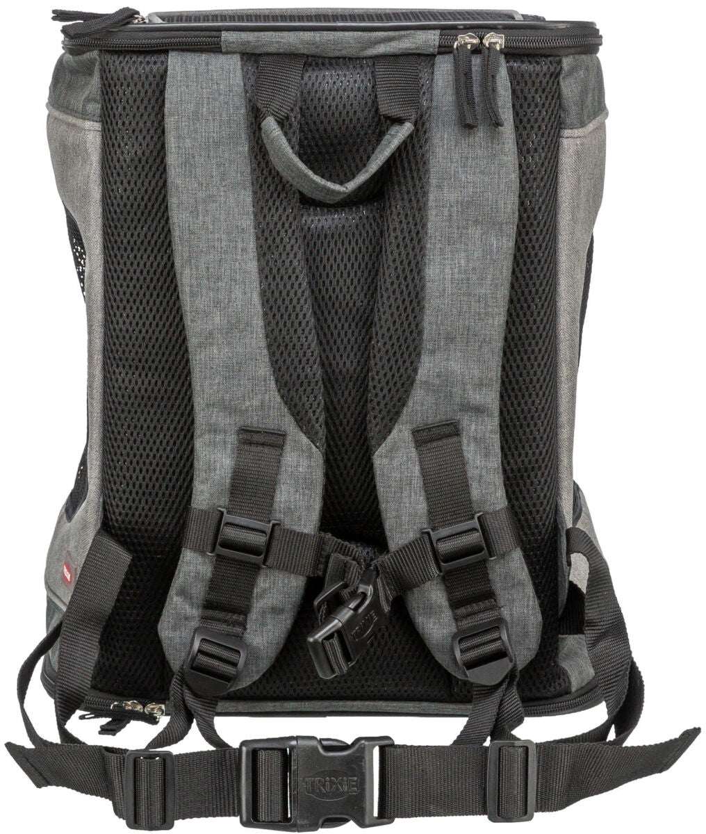 Grauer Rucksack mit schwarzen Netzpolstern, verstellbaren Gurten und Reißverschlüssen, Rückseite sichtbar.
