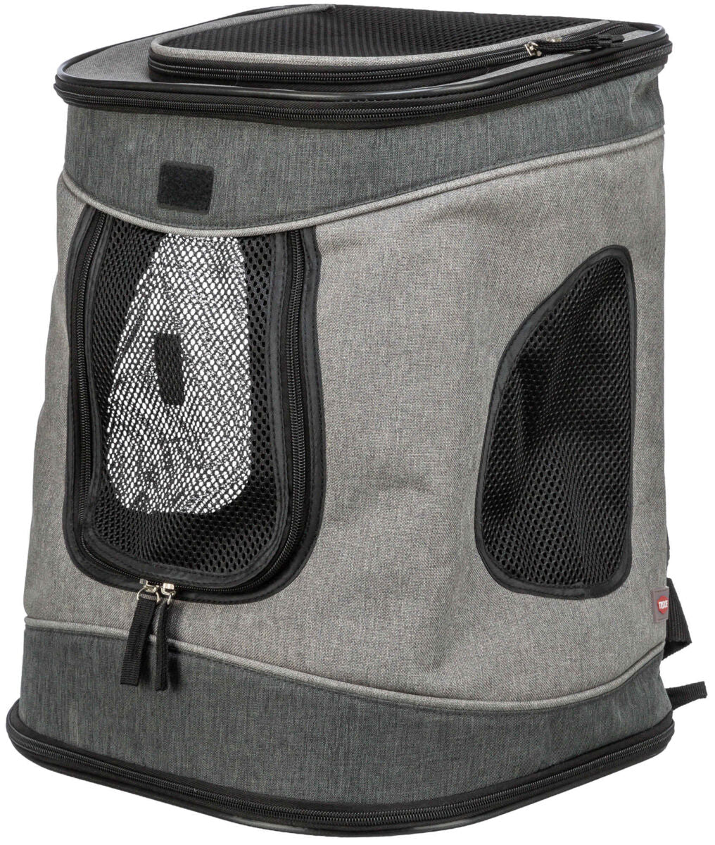 Grauer Transportrucksack mit schwarzem Netzfenstern und Reißverschlüssen, geeignet für den Transport von Tieren.
