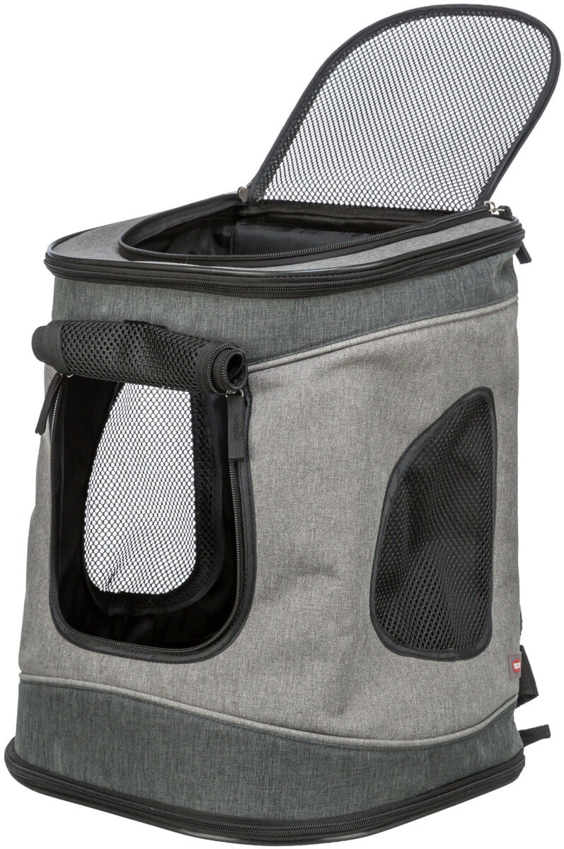 Grauer Transport- und Aufbewahrungsbehälter mit mehreren Netzfenstern und einem Reißverschluss oben, geöffnet.