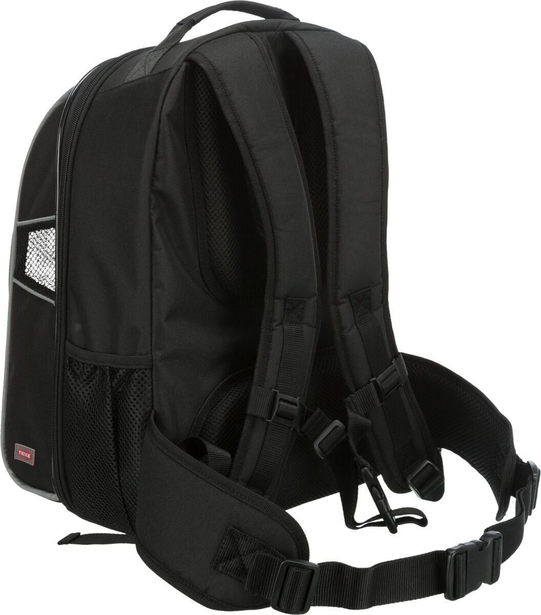 Schwarzer Rucksack mit mehreren verstellbaren Gurten und einem Netzfach an der Seite.