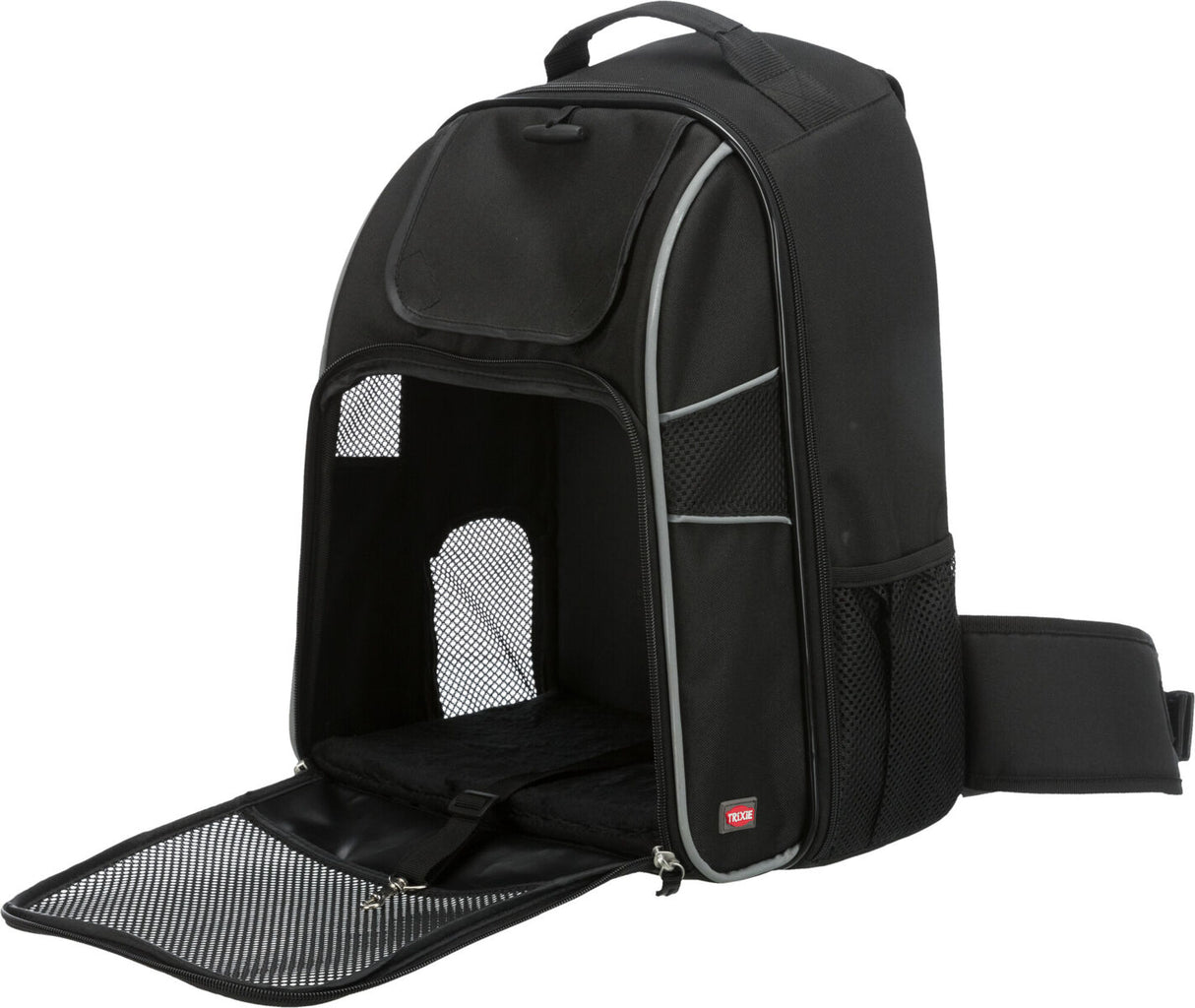 Schwarzer Rucksack mit Mesh-Fenster, Reißverschlussöffnung und seitlichen Netztaschen, oben und hinten Tragegriff.