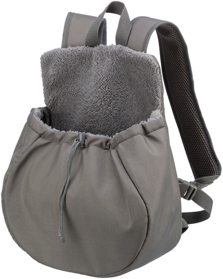 Grauer Rucksack mit flauschigem Innenfutter und verstellbaren Gurten.