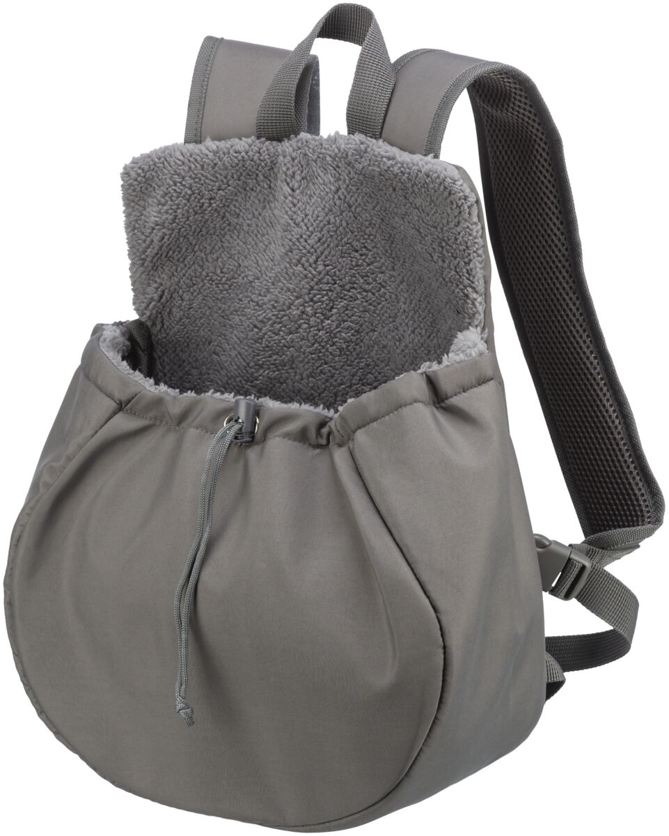 Grauer Rucksack mit flauschigem Innenfutter und verstellbaren Gurten.