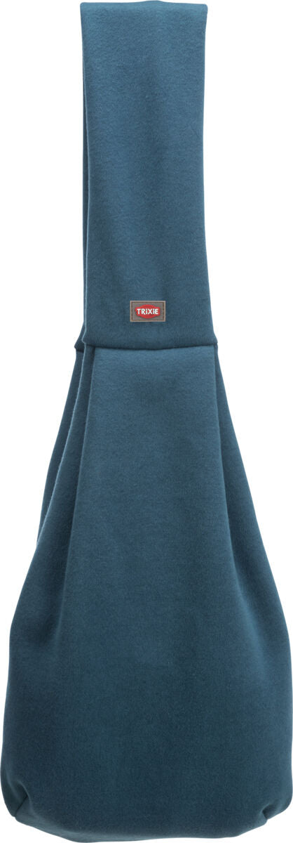 Blauer Stoffbeutel mit Schlauchform und einer aufgenähten rot-schwarzen Trixie-Marke auf der Vorderseite.