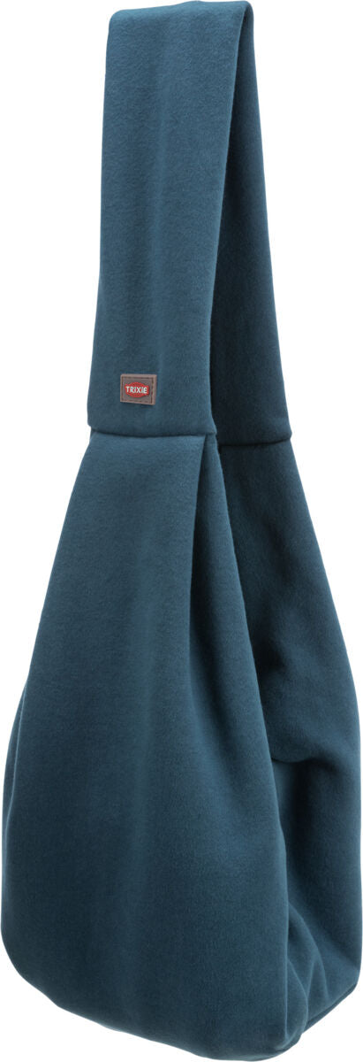 Dunkelblaue Tragetasche mit Stoffstruktur, rechteckiges Etikett mit dem Text "TRIXIE" auf der Vorderseite.