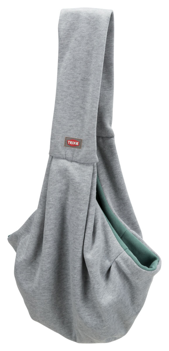 Graue Stoff-Tragetasche mit breitem Träger und grünem Innenfutter, vorne ein Logo mit der Aufschrift "Trixie".