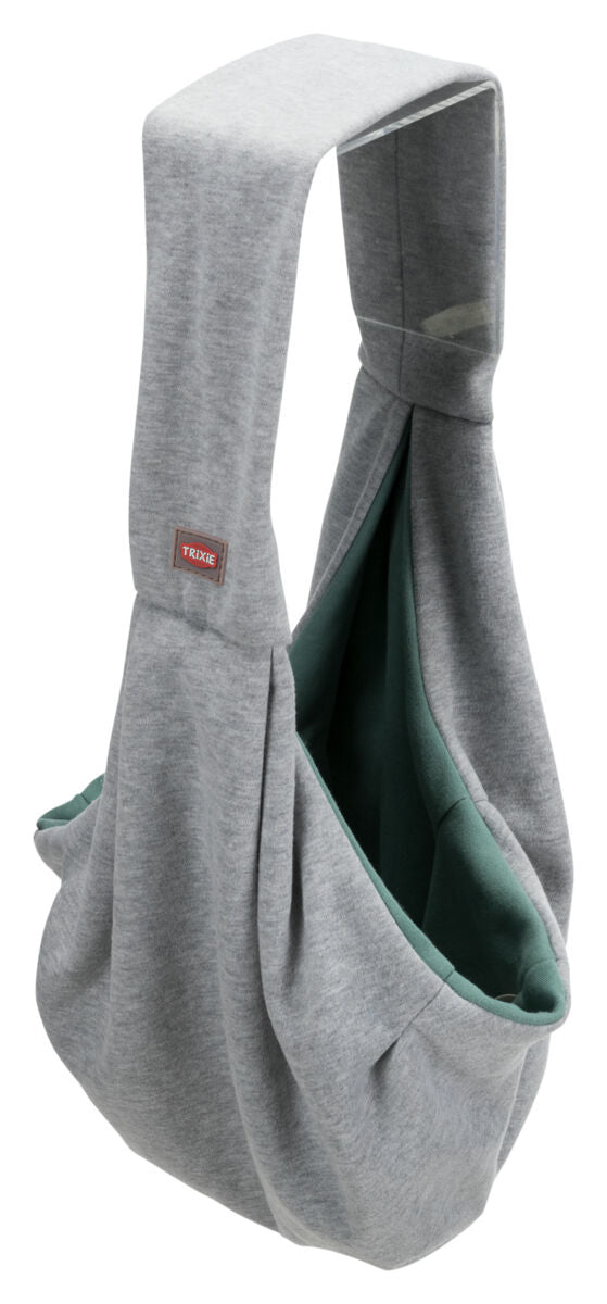 Graue Stofftragetasche mit breitem Schulterriemen und grünem Innenfutter, Markenetikett sichtbar.