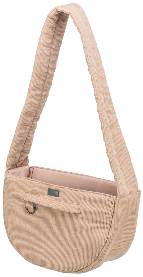 Beige, gerippte Tasche mit langem Schultergurt und Metallring an der Vorderseite.