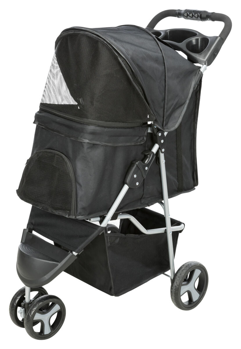 Schwarzer 3-rädriger Kinderwagen mit Netzverdeck, Getränkehalter und Aufbewahrungskorb aus Stoff.