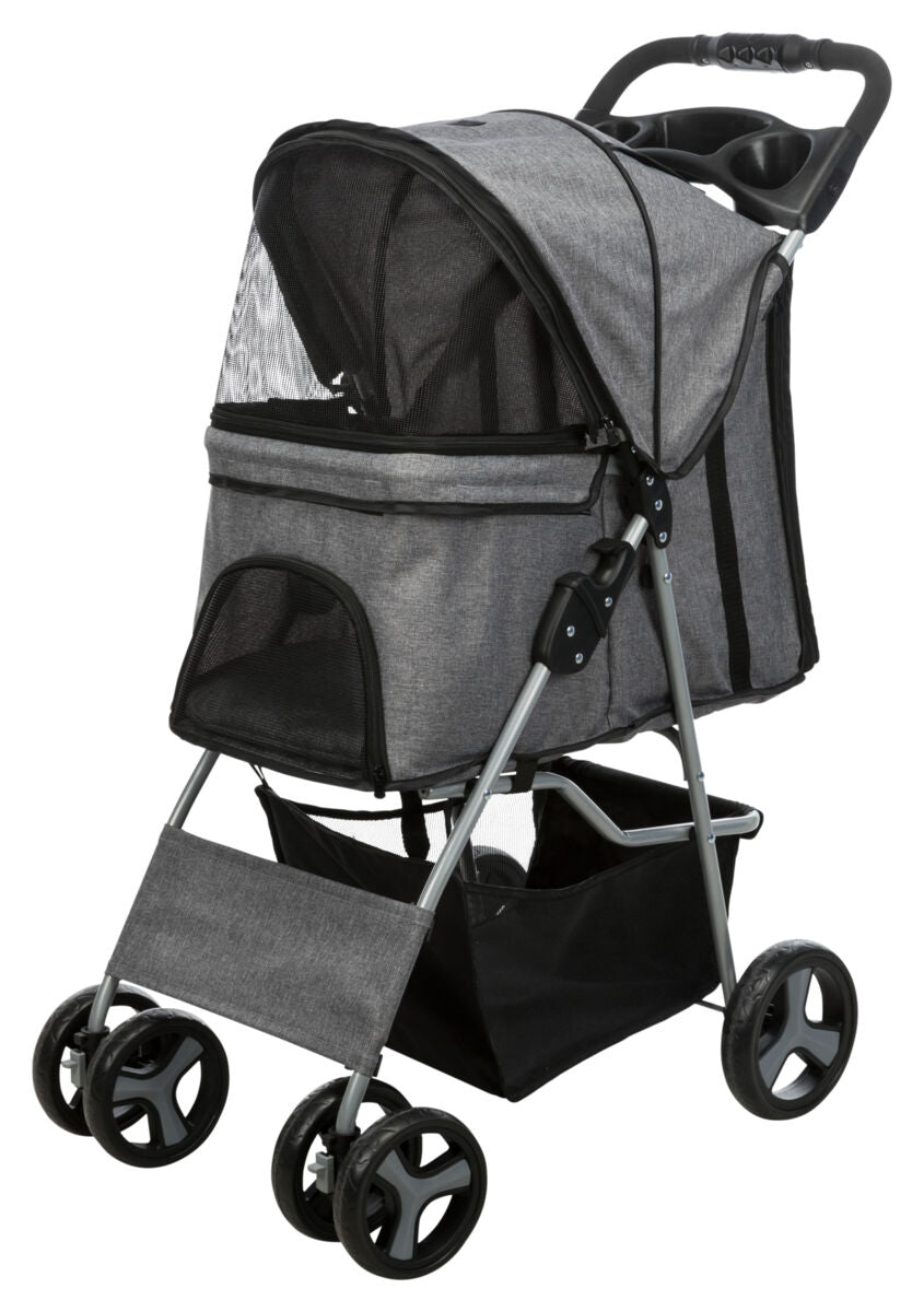 Grauer Kinderwagen mit schwarzem Netz, vier Rädern und schwarzem Griff, geeignet für den Transport von Tieren.