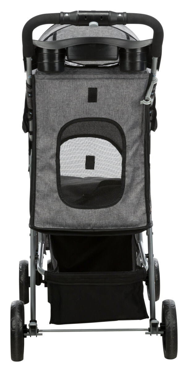 Ein grauer Kinderwagen mit schwarzem Griff und Netzfenster hinten, betrachtet von hinten, auf vier Rädern.