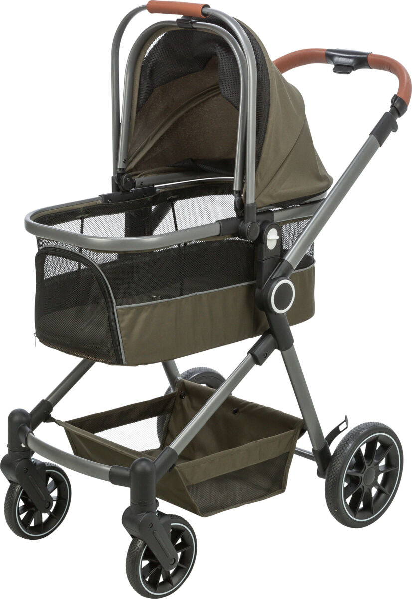 Ein grauer Kinderwagen mit braunen Griffen und schwarzen Rädern, inklusive Korb unter der Hauptsitzfläche.