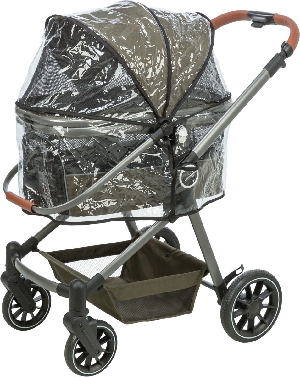 Kinderwagen mit durchsichtiger Regenabdeckung, schwarzem Gestell und braunem Griff.