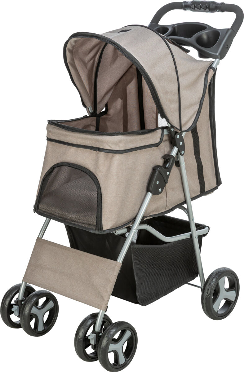 Ein beige- und schwarzer Kinderwagen mit vier Rädern, verstellbarem Baldachin und schwarzem Griff.