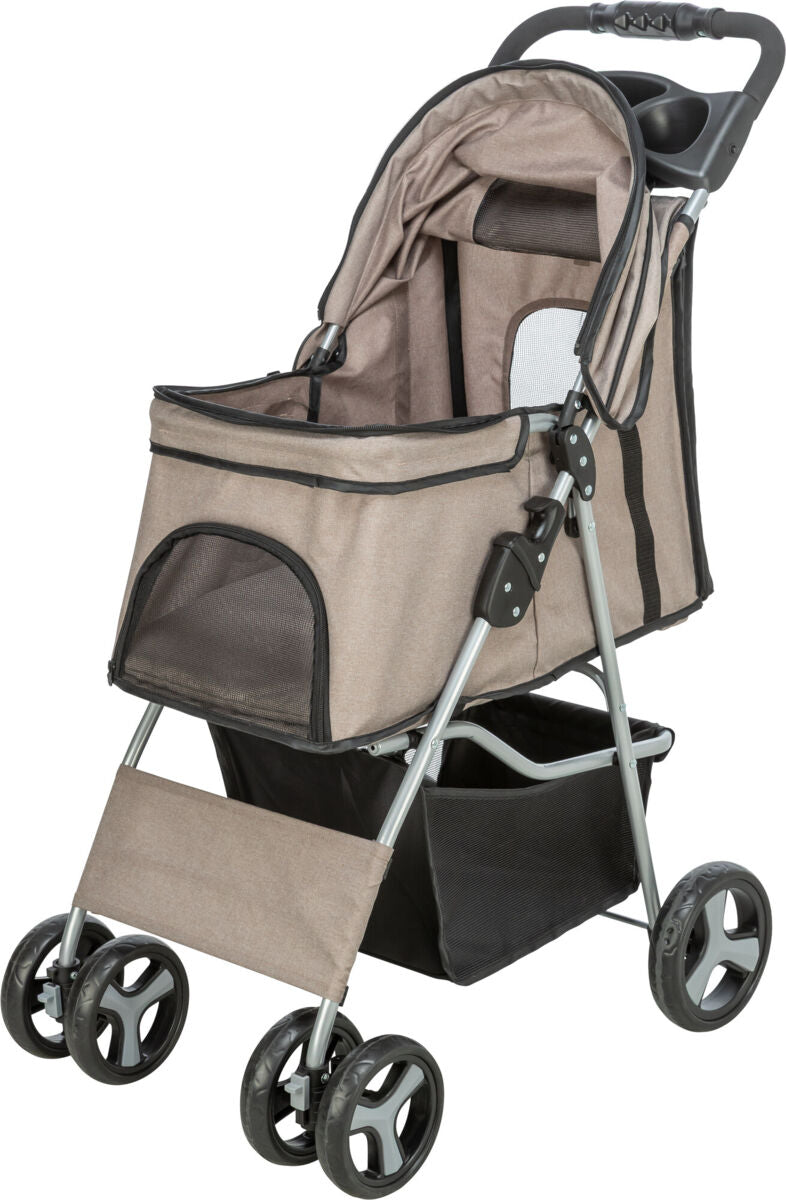 Brauner Kinderwagen mit vier schwarzen Rädern, hohem Griff und mehreren Netzfenstern an den Seiten.