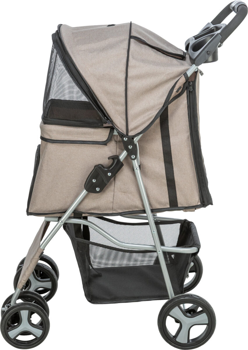 Beiger Kinderwagen mit schwarzem Netzgewebe, Metallrahmen und schwarzem Griff, vier Rädern und Netzkorb unten.