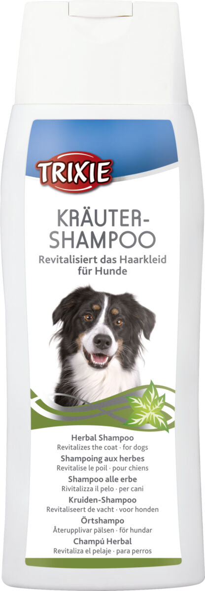 Hundeshampoo-Flasche mit der Aufschrift "Kräuter-Shampoo revitalisiert das Haarkleid für Hunde" und Hundebild.