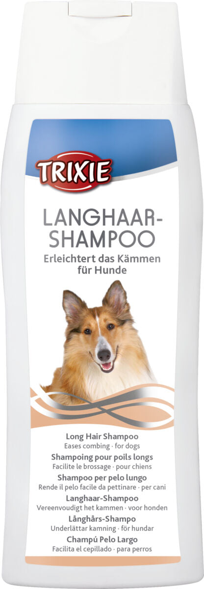 Shampooflasche für Hunde mit langem Haar, weiß mit Hundebild und mehrsprachigem Text zur Pflegeerleichterung.