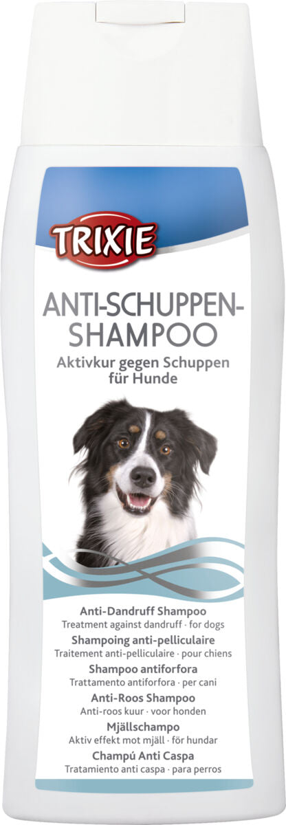 Hundeshampoo-Flasche von Trixie, anti-schuppend, weiße Flasche mit Hundebild und blauen Details.