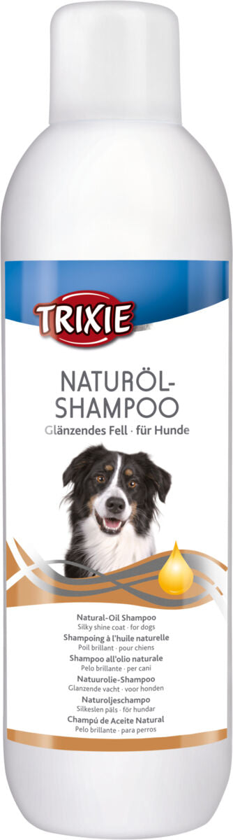 Weiße Flasche mit blauem Etikett und rotem Logo, das Naturöl-Shampoo für Hunde mit glänzendem Fell bewirbt.